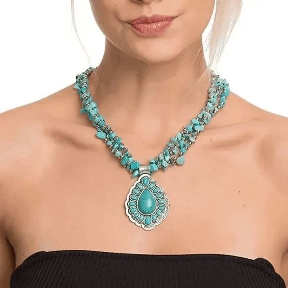 Silver Turquoise Western Tear Drop Pendant Necklace & Earring Set - Picture 2 of 7